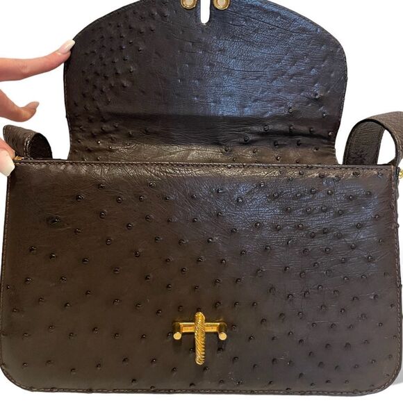 GUCCI Circa 60’s Brown Ostrich leather & Braided Gold Hardware Shoulder Bag - Picture 5 of 15